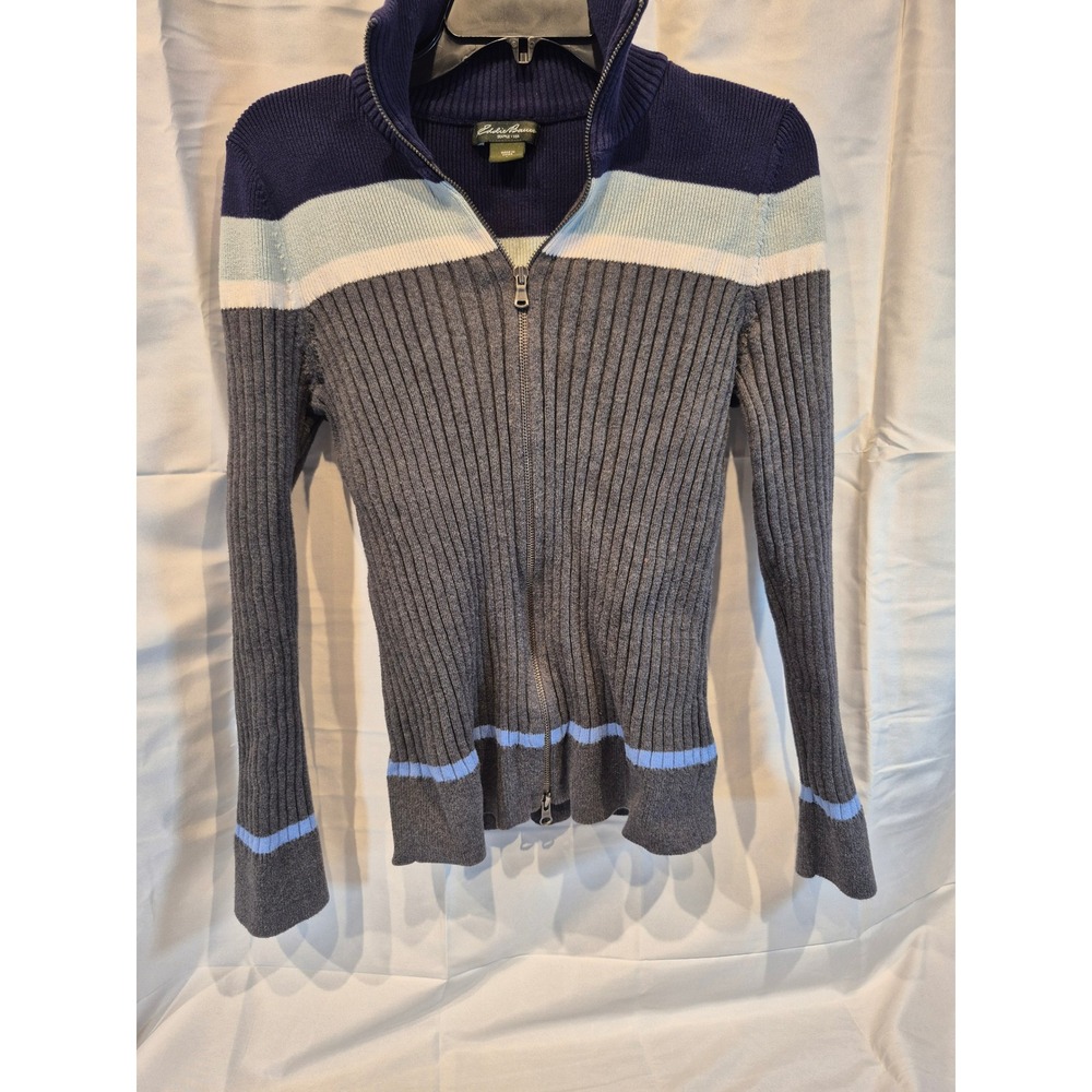Eddie Bauer Womens Grey Ribbed Full Zip Cotton Sweater Striped Mock Neck Hol 12